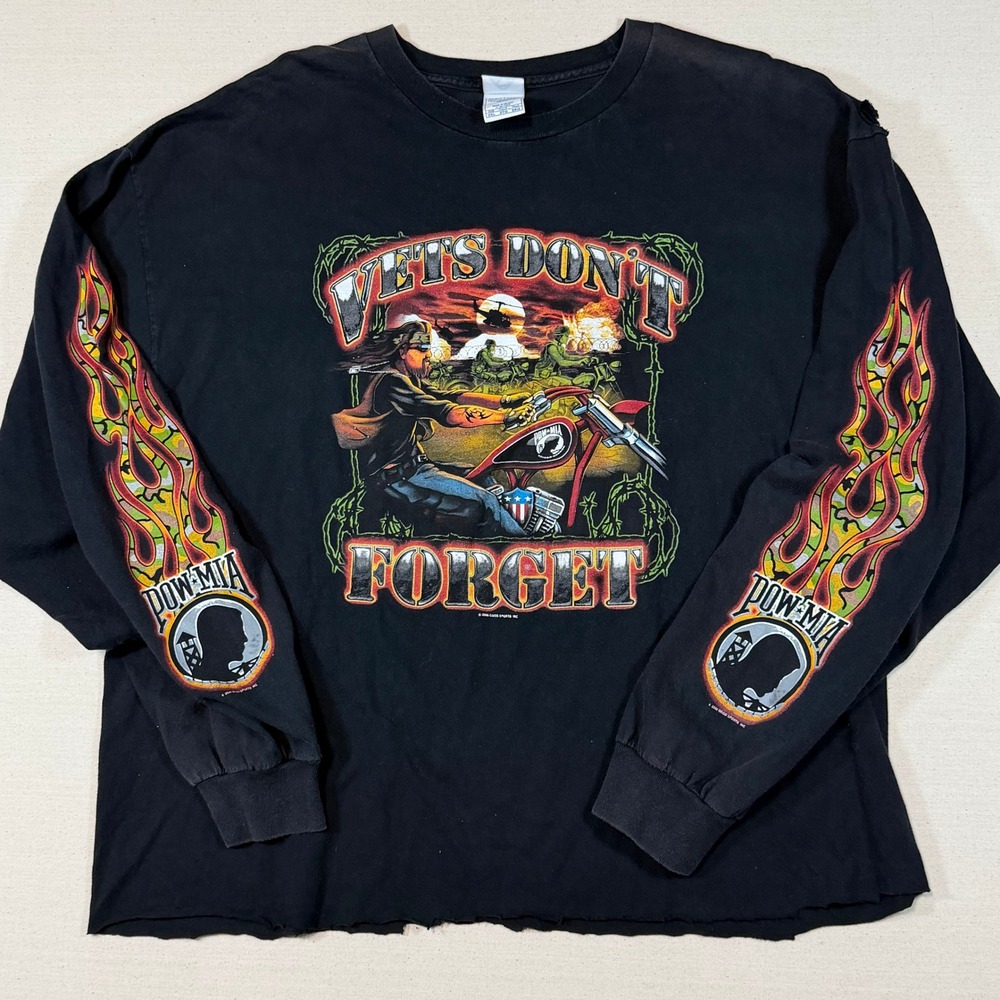 Vintage Vets Don't Forget POW MIA Biker Long Sleeve Shirt Black 2XL Distressed